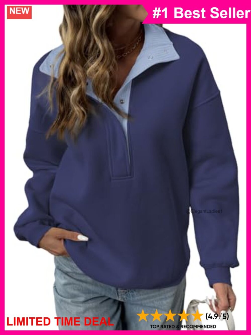 Mock Neck Oversized Henley Sweatshirt Quarter Button Pullover Pocket